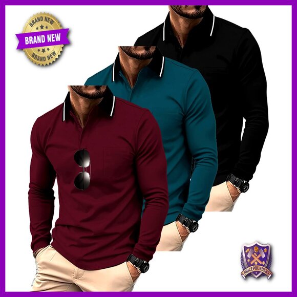 Long Sleeve Polo Shirts 3 Pack with Pocket Moisture Wicking Athletic